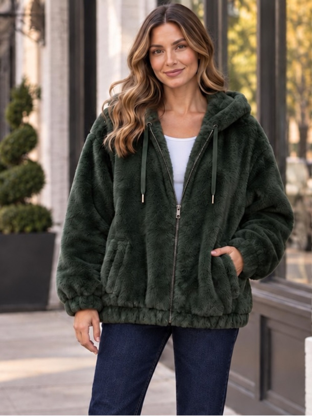 Dark Hunter Green Faux Fur Comfy Teddy Drawstring Hood Hoodie Zip Up Jacket Coat